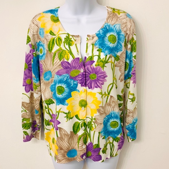 Talbots NWT blue, purple & yellow floral cardigan - Picture 4 of 10